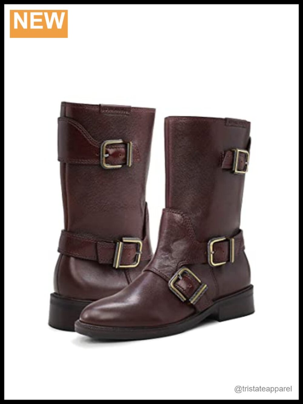 Leather Mid-Calf Motorcycle Boots with Zipper and Buckle